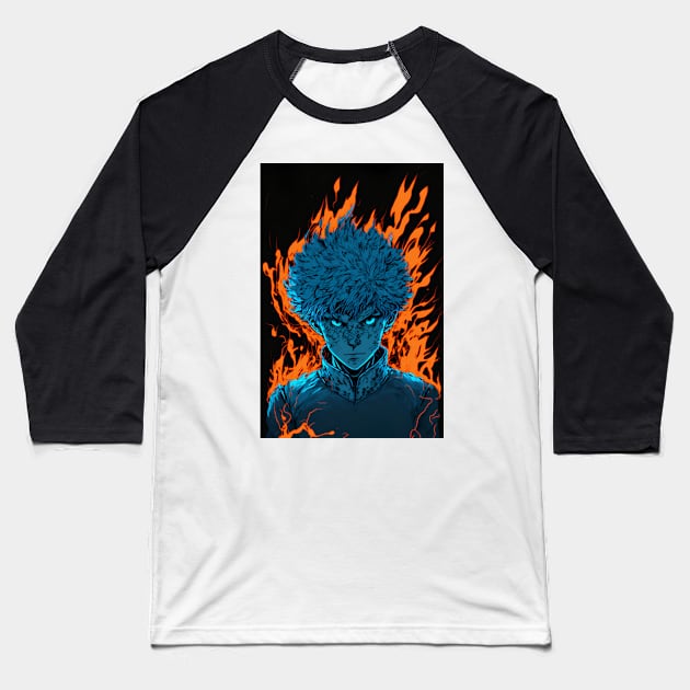 Anime Boy Blue Fire Powerup Baseball T-Shirt by Bubblebug